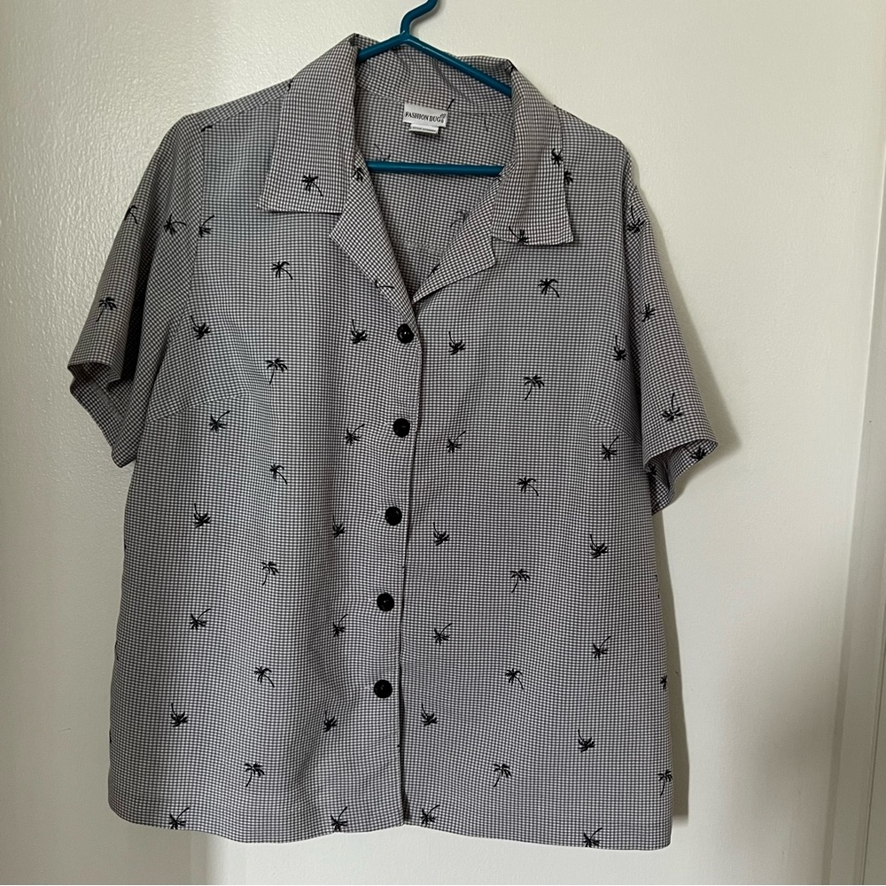 Fashion bug vintage 90s checkered black gray button down blouse palm tree 18/20W